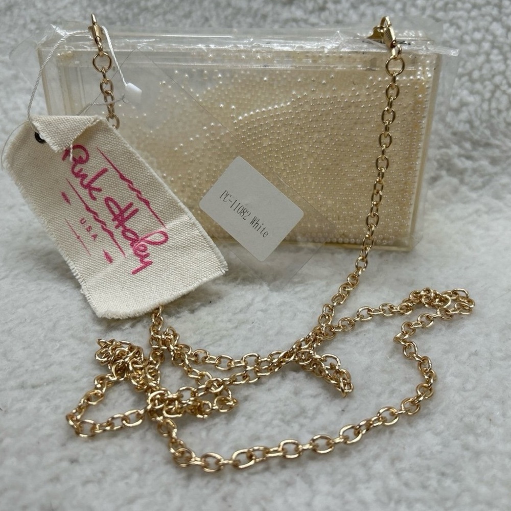 Pink Haley Clutch purse 7" acrylic plastic clear white beads long gold chain